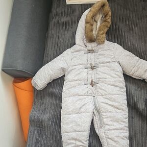 Gray Hooded Baby Snowsuit with Faux Fur Trim